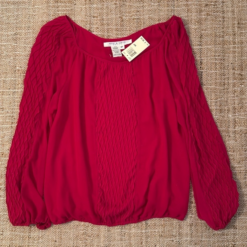 NEW Max Studio Diamond Pattern Pleat Long Sleeve Blouse Medium Petite Fuchsia